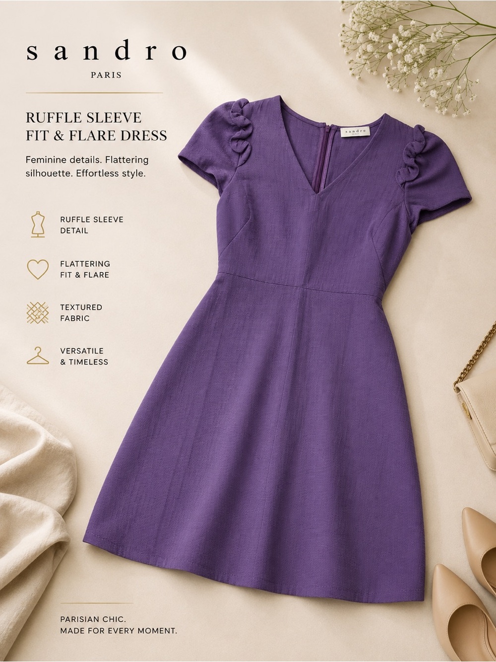 Sandro Purple Ruffle-Sleeve Fit & Flare Mini Dress
